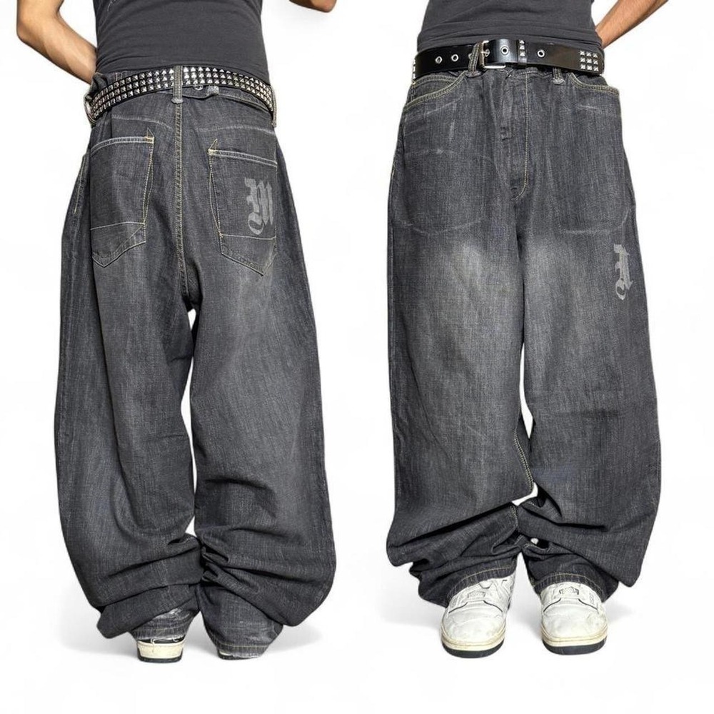 Makayeli Baggy Black denim jeans with faded logo design and back buckle